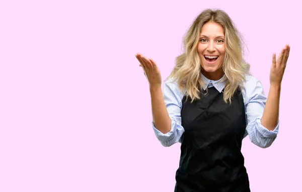 Young Shop Owner Wearing Black Apron Happy Surprised Cheering Expressing — Stock Photo, Image