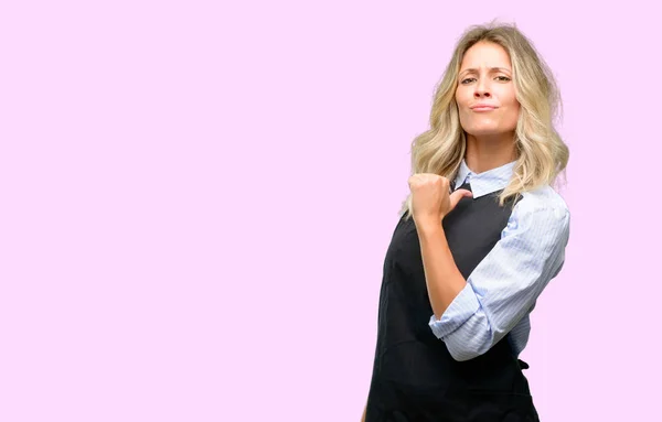 Young Shop Owner Wearing Black Apron Proud Excited Arrogant Pointing — Stock Photo, Image