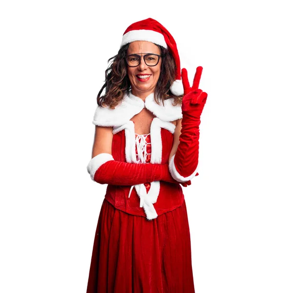 Mulher Meia Idade Vestindo Traje Papai Noel Sorrindo Com Rosto — Fotografia de Stock