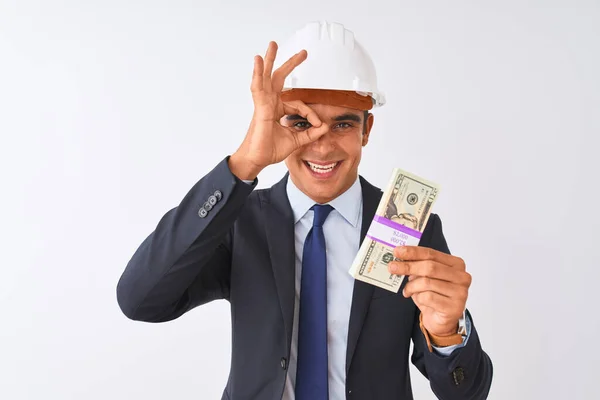 Young Handsome Architect Man Wearing Helmet Holding Dollars Isolated White — Stock Photo, Image