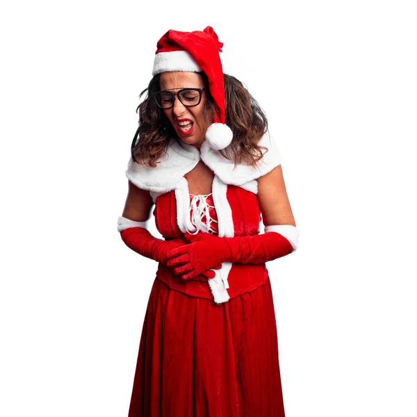 Middle Age Woman Wearing Santa Claus Costume Hand Stomach Because — ストック写真