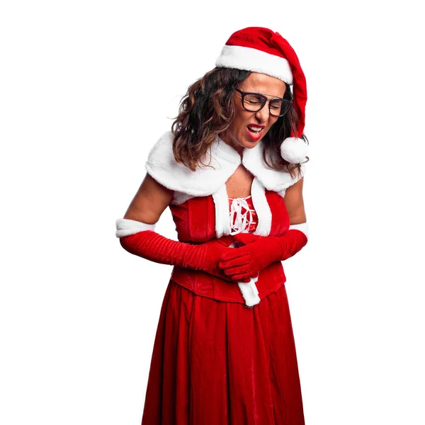 Žena Středního Věku Kostýmu Santa Clause Rukou Břiše Protože Nevolnost — Stock fotografie