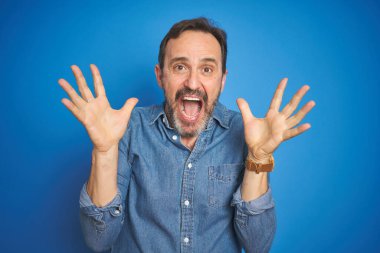 Yakışıklı, orta yaşlı, gri saçlı, izole edilmiş mavi arka planı olan, çılgın ve başarıyı kollarını kaldırıp heyecanla haykırarak kutlayan yaşlı bir adam. Kazanan konsept