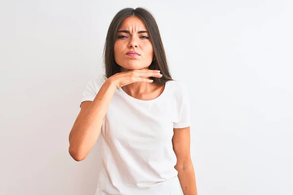 Jeune Belle Femme Portant Shirt Décontracté Debout Sur Fond Blanc — Photo