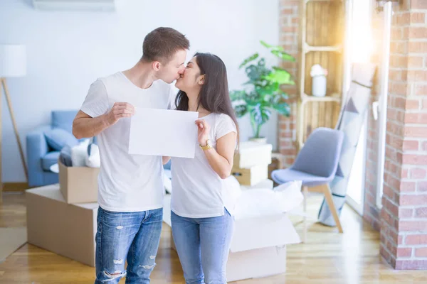 Young Beautiful Couple Holding Banner New Home Cardboard Boxes — Stock Photo, Image