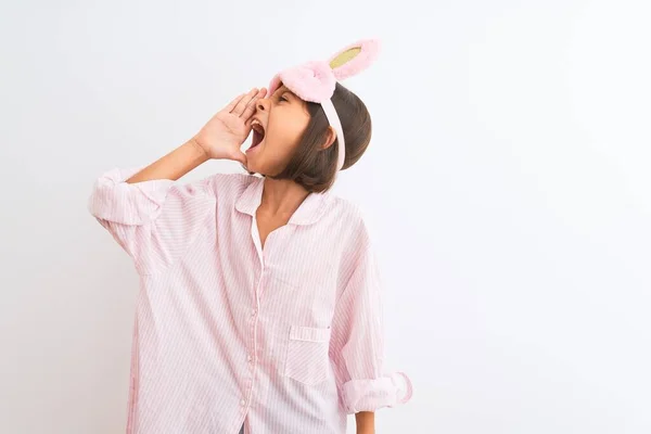 Beautiful Child Girl Wearing Sleep Mask Pajama Standing Isolated White — Stock Photo, Image