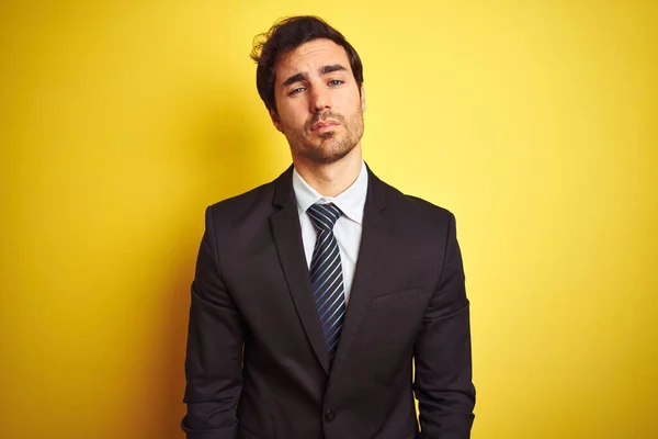 Young Handsome Businessman Wearing Suit Tie Standing Isolated Yellow Background — Stock Photo, Image