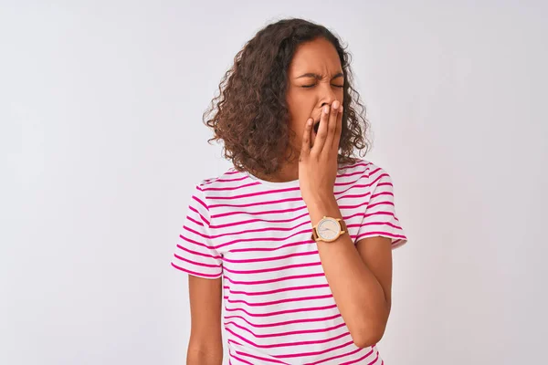 Young Brazilian Woman Wearing Pink Striped Shirt Standing Isolated White — Stock Photo, Image