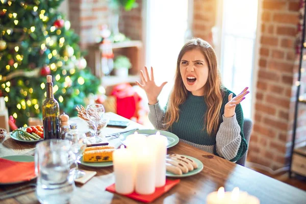 Young Beautiful Woman Sitting Eating Food Christmas Tree Home Crazy — Stockfoto