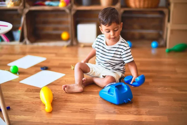 Beautiful Toddler Boy Playing Vintage Blue Phone Kindergarten — Stock Photo, Image