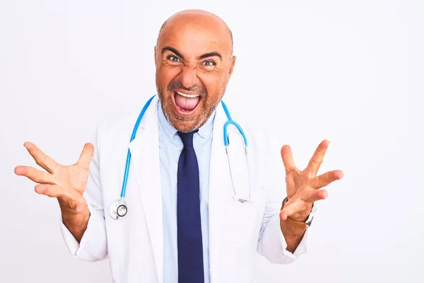 Middle Age Doctor Man Wearing Stethoscope Tie Standing Isolated White — Stock Photo, Image