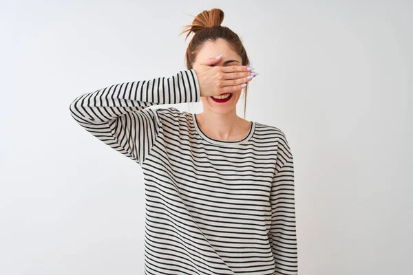 Redhead Woman Wearing Navy Striped Shirt Standing Isolated White Background — Stock Photo, Image