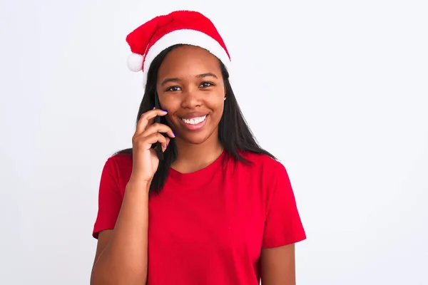 Jovem Afro Americana Vestindo Chapéu Natal Falando Smartphone Com Rosto — Fotografia de Stock