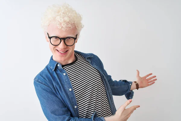 Young Albino Blond Man Wearing Denim Shirt Glasses Isolated White — Stock Photo, Image