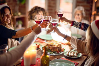 Mutlu ve kendinden emin gülümseyen güzel bir kadın grubu. Kızarmış hindi yemek ve bir bardak şarapla kadeh kaldırmak Noel 'i evde kutlamak.