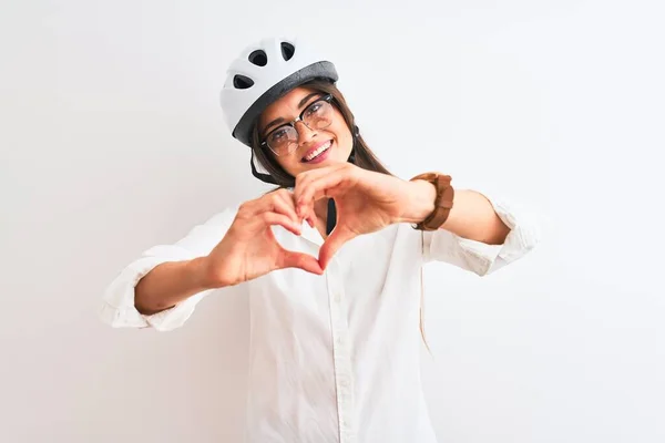 Mulher Negócios Bonita Usando Óculos Capacete Bicicleta Sobre Fundo Branco — Fotografia de Stock