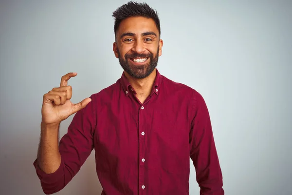 Young Indian Man Wearing Red Elegant Shirt Standing Isolated Grey — Stock Photo, Image