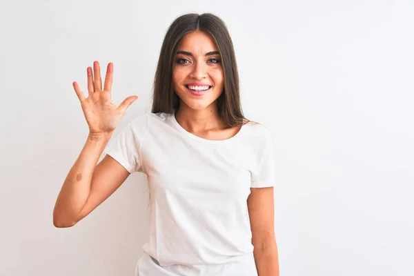 Jovem Bela Mulher Vestindo Casual Shirt Sobre Isolado Fundo Branco — Fotografia de Stock