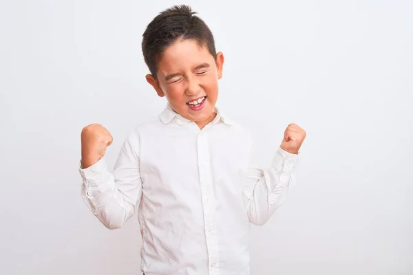 Hermoso Niño Con Camisa Elegante Pie Sobre Fondo Blanco Aislado — Foto de Stock