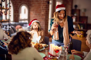 Mutlu ve kendinden emin gülümseyen güzel bir kadın grubu. Her birinin elinde şarap bardağıyla evde Noel 'i kutlayan konuşmaları var.