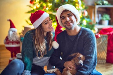 Mutlu ve kendinden emin gülümseyen genç bir çift. Yerde oturmuş Noel Baba şapkası takıyor Noel ağacının etrafında köpeğe sarılıyor.