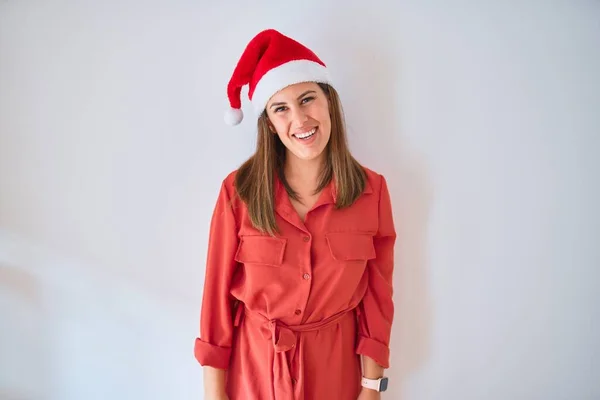 Giovane Bella Donna Sorridente Felice Indossa Vestito Rosso Cappello Babbo — Foto Stock