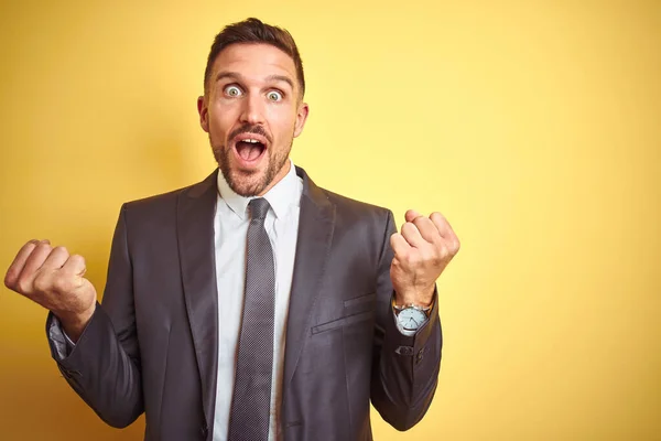 Joven Hombre Negocios Guapo Sobre Fondo Aislado Amarillo Celebrando Sorprendido —  Fotos de Stock