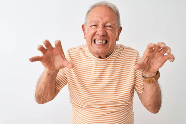 Hombre Pelo Gris Senior Con Camiseta Rayas Pie Sobre Fondo —  Fotos de Stock