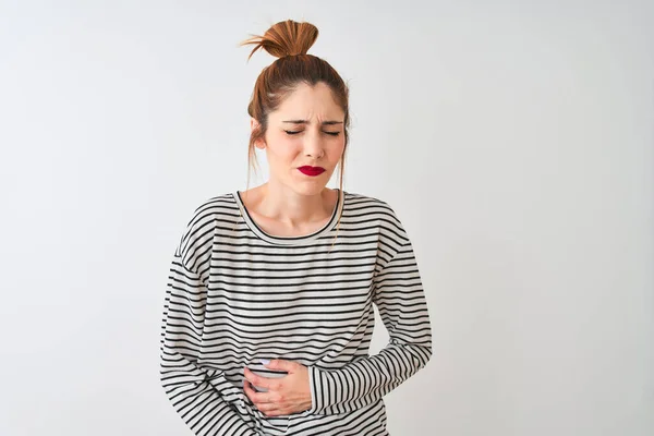 Redhead Woman Wearing Navy Striped Shirt Standing Isolated White Background — Stock Photo, Image