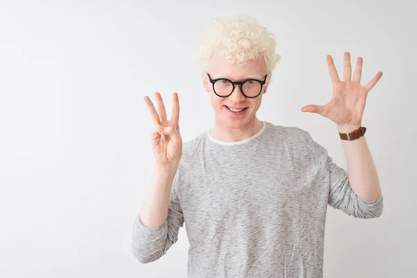 Young Albino Blond Man Wearing Striped Shirt Glasses Isolated White — Stock Photo, Image