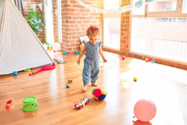 Beautiful Caucasian Infant Playing Toys Colorful Playroom Happy Playful Pink — Stock Photo, Image