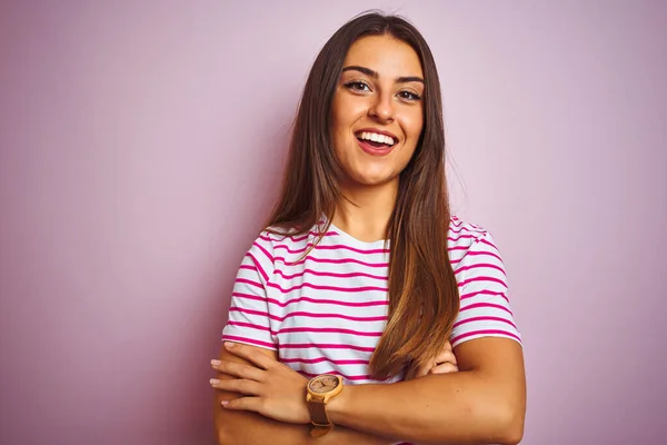 Young Beautiful Woman Wearing Striped Shirt Standing Isolated Pink Background — Stock Photo, Image