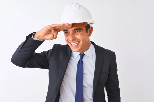 Joven Arquitecto Guapo Vestido Traje Casco Sobre Fondo Blanco Aislado — Foto de Stock