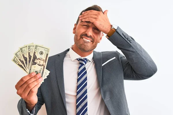 Young Handsome Business Man Holding Bunch Dollars Banknotes Isolated Background — Stock Photo, Image