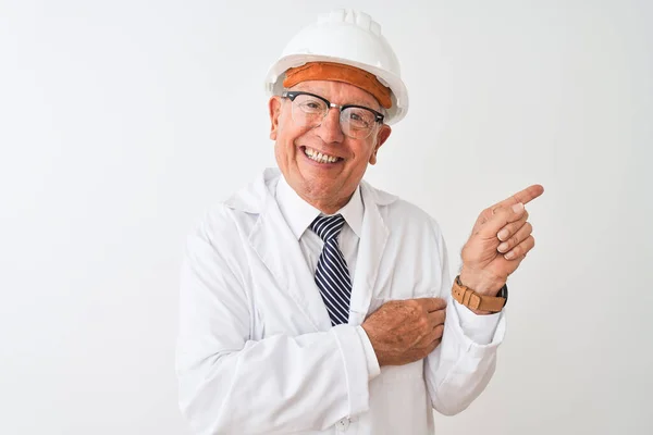 Senior Grey Haired Engineer Man Wearing Coat Helmet Isolated White — Stock Photo, Image