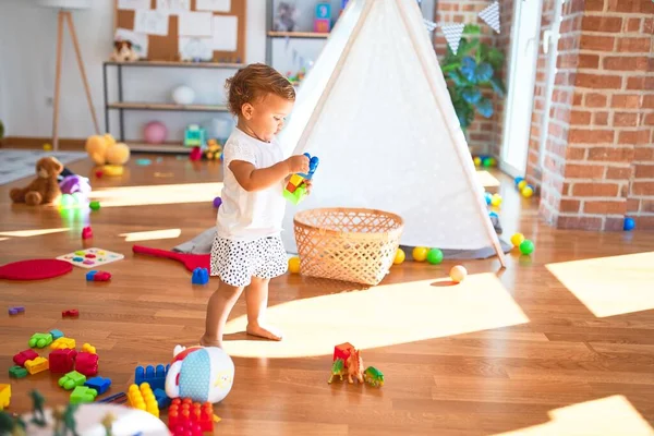 Adorable Toddler Playing Building Blocks Lots Toys Kindergarten — Stock Photo, Image