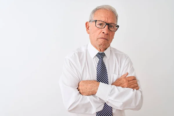 Senior Gråhårig Affärsman Bär Slips Och Glasögon Över Isolerade Vit — Stockfoto