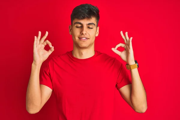 Homem Indiano Jovem Vestindo Camiseta Sobre Fundo Vermelho Isolado Relaxar — Fotografia de Stock