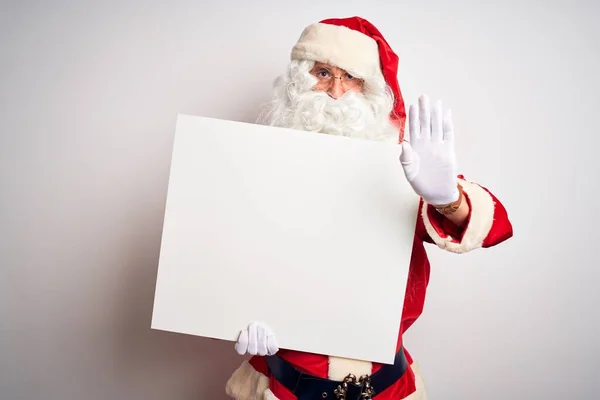 Middle Age Man Wearing Santa Claus Costume Holding Banner Isolated — Stock Photo, Image