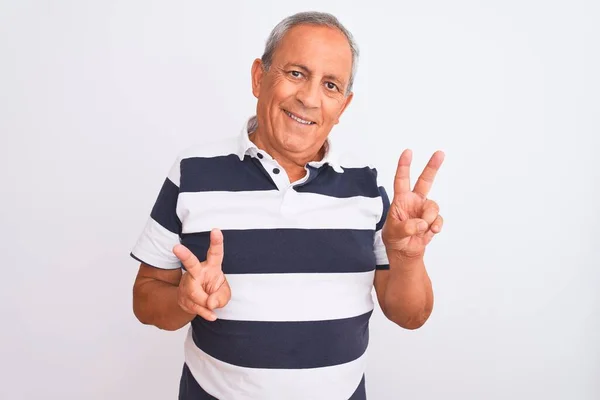 Senior Grey Haired Man Wearing Casual Striped Polo Standing Isolated — ストック写真