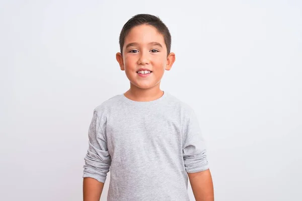 Mooie Jongen Draagt Grijs Casual Shirt Dat Een Geïsoleerde Witte — Stockfoto