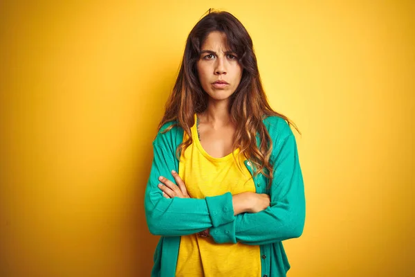 Young Woman Wearing Shirt Green Sweater Standing Yelllow Isolated Background — Stock Photo, Image