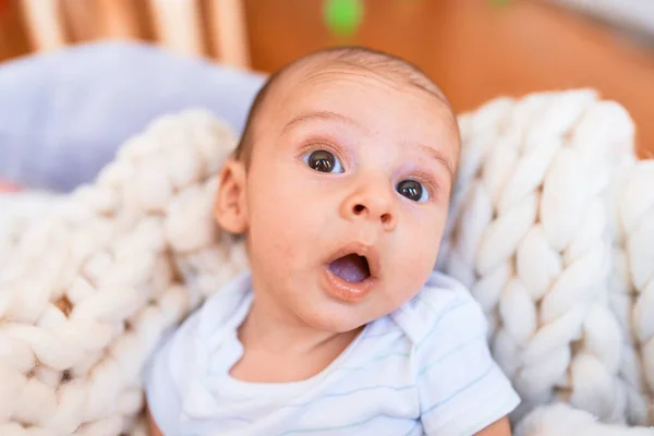 Adorable Baby Lying Blanket Floor Home Newborn Relaxing Resting Comfortable — Stock Photo, Image