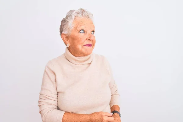 Senior Grey Haired Woman Wearing Turtleneck Sweater Standing Isolated White — Stock Photo, Image