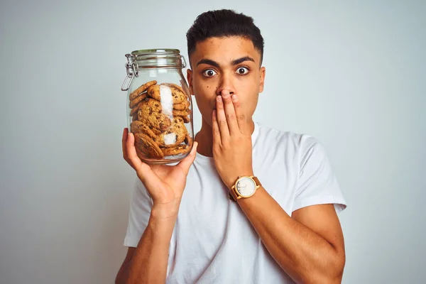 Young Brazilian Man Holding Jar Cookies Standing Isolated White Background — Stock Photo, Image