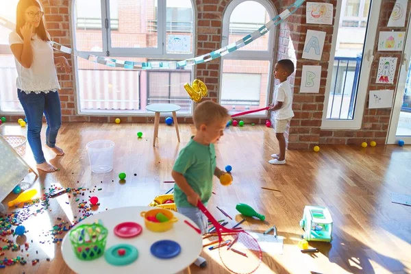 Young Beautiful Teacher Toddlers Playing Lots Toys Kindergarten — Stock Photo, Image