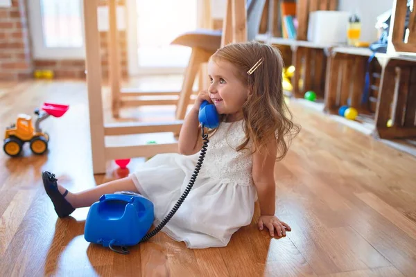 Adorable Blonde Toddler Playing Vintage Phone Sitting Floor Lots Toys — Stock Photo, Image