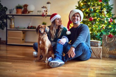 Mutlu ve kendinden emin gülümseyen genç bir çift. Yerde oturmuş Noel Baba şapkası takıyor Noel ağacının etrafında köpeğe sarılıyor.