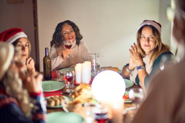 Mutlu ve kendinden emin gülümseyen güzel bir kadın grubu. Her birinin elinde şarap bardağıyla evde Noel 'i kutlayan konuşmaları var.