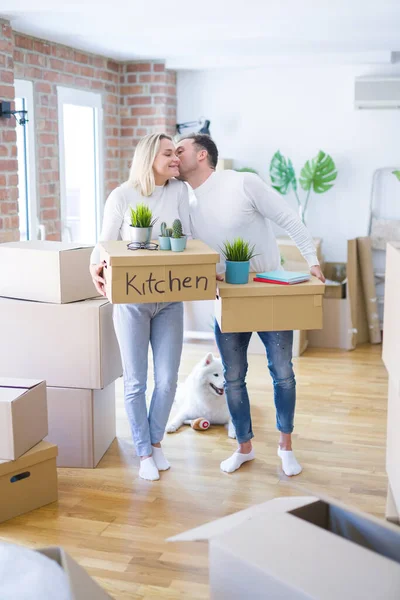 Young Beautiful Couple Dog Moving Cardboard Boxes New Home — Stock Photo, Image